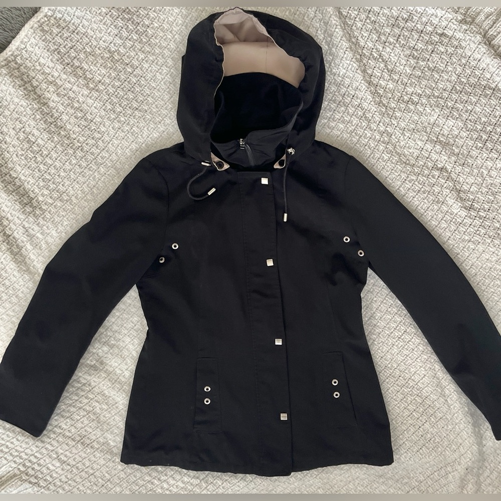 Jones New York Coat Anorak Black Tan Lined Detachable Hood Short Coat SZ:XS-S - Picture 2 of 9